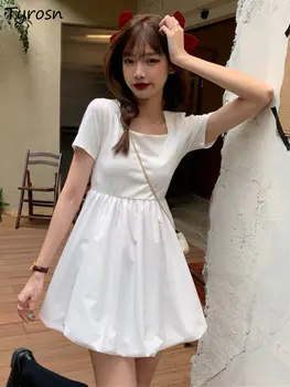 שמלות נשים מתוק, מוצק פשוט עצובה הצווארון המרובע פנאי מיני רך מדי יום קיץ אופנה שמלה של ילדה סגנון קוריאני חדש
